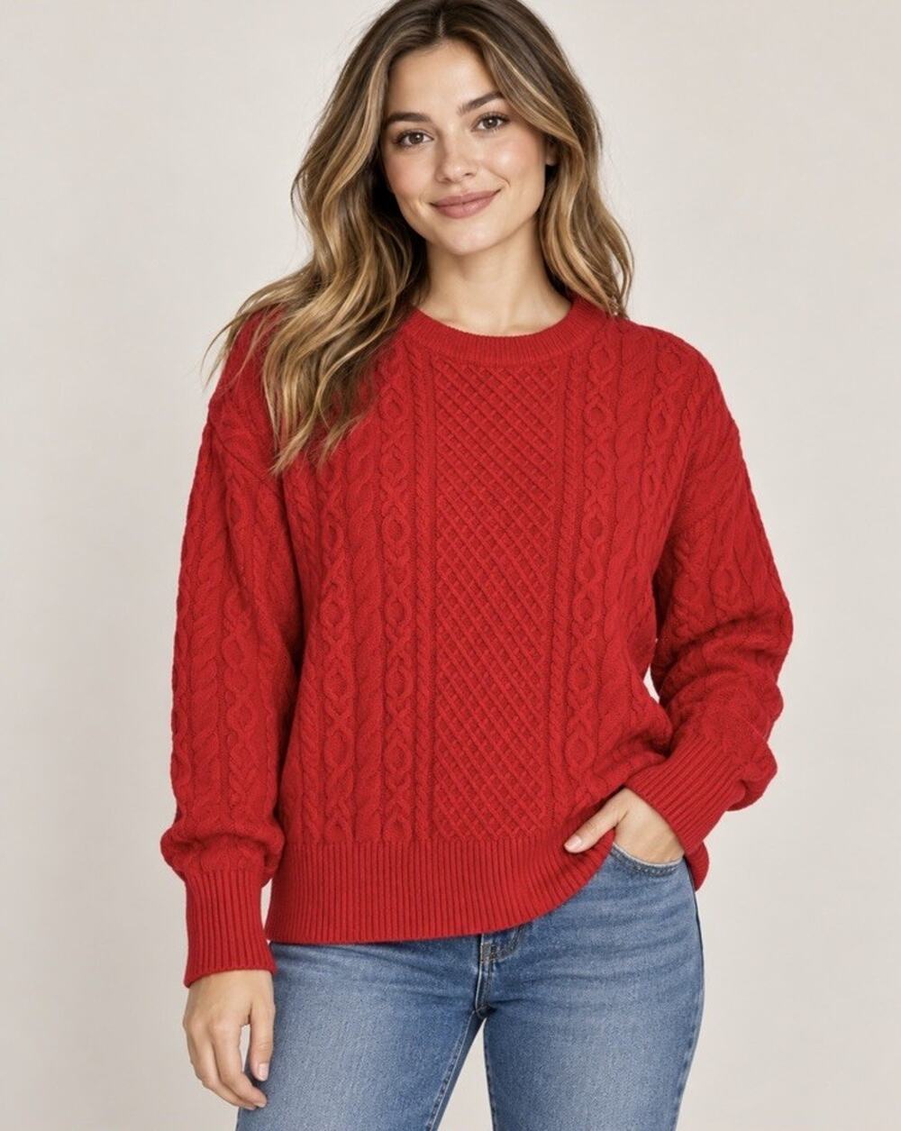 A New Day Red Cable Knit Sweater Women’s Large Cozy Chunky Pullover Holiday